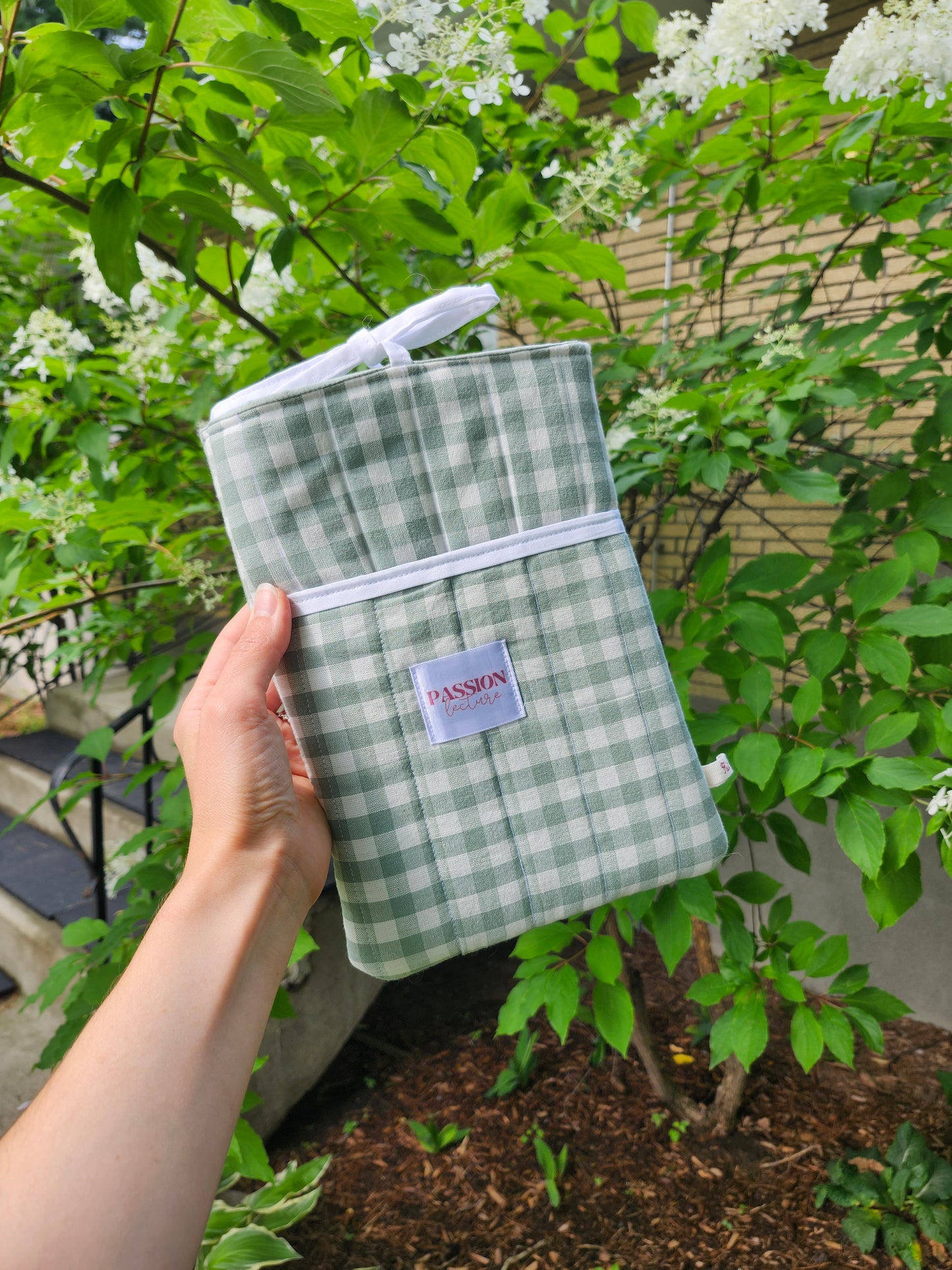 Pochette de livre Vichy vert avec poche